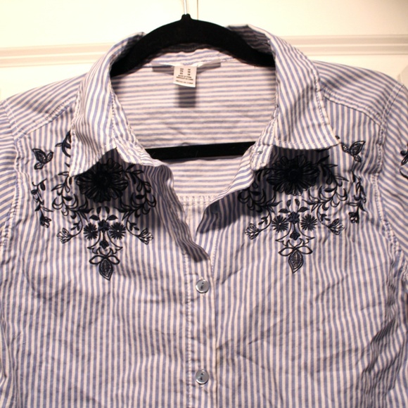 Blue & White Striped Button-down Shirt with floral embroidery - Picture 8 of 8
